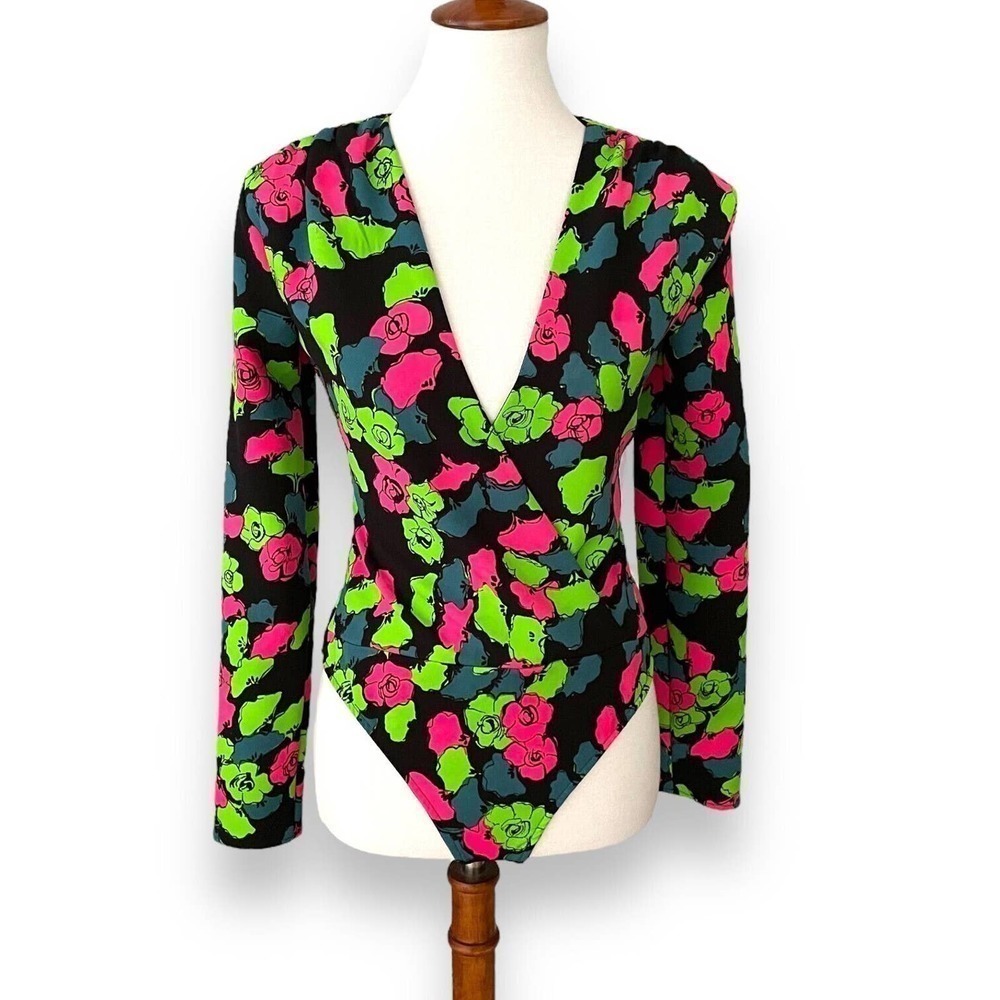 Zara Multicolor Floral Surplice Neck Long Sleeve Bodysuit Top Size Small NWT